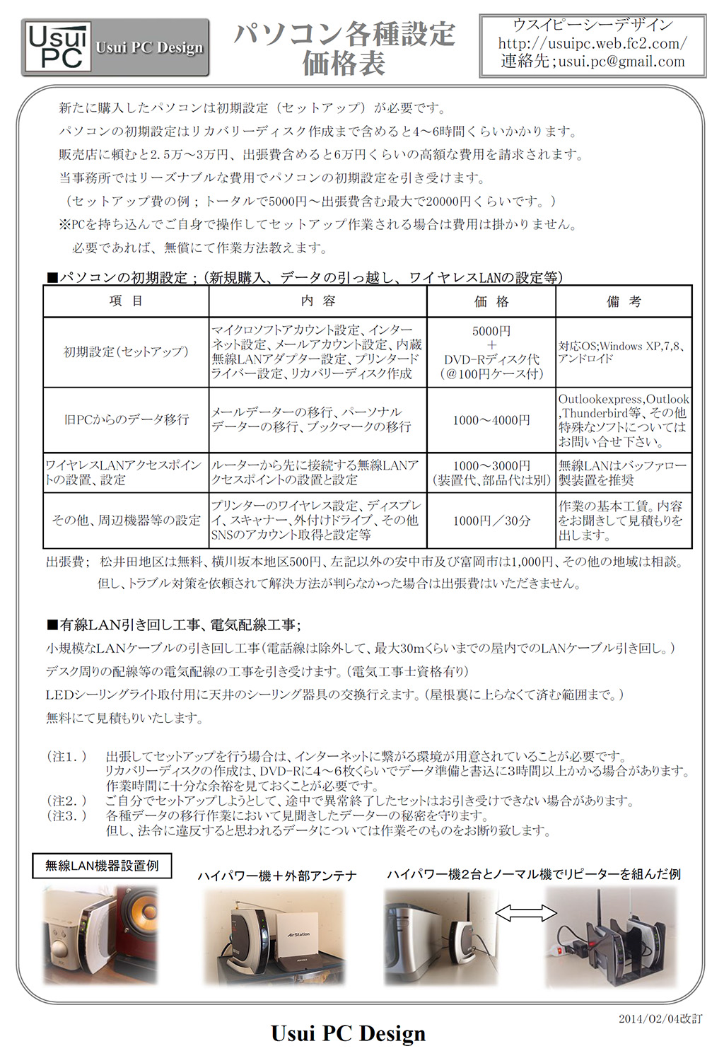 セットアップ価格表
